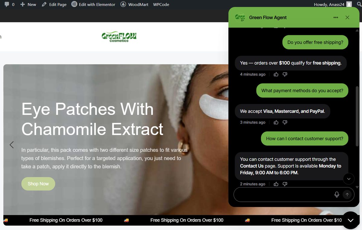 Green Flow AI chatbot embedded on the website